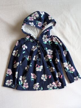 carter's floral fleece hoodie sweatshirt with buttons navy blue 3T toddler girls